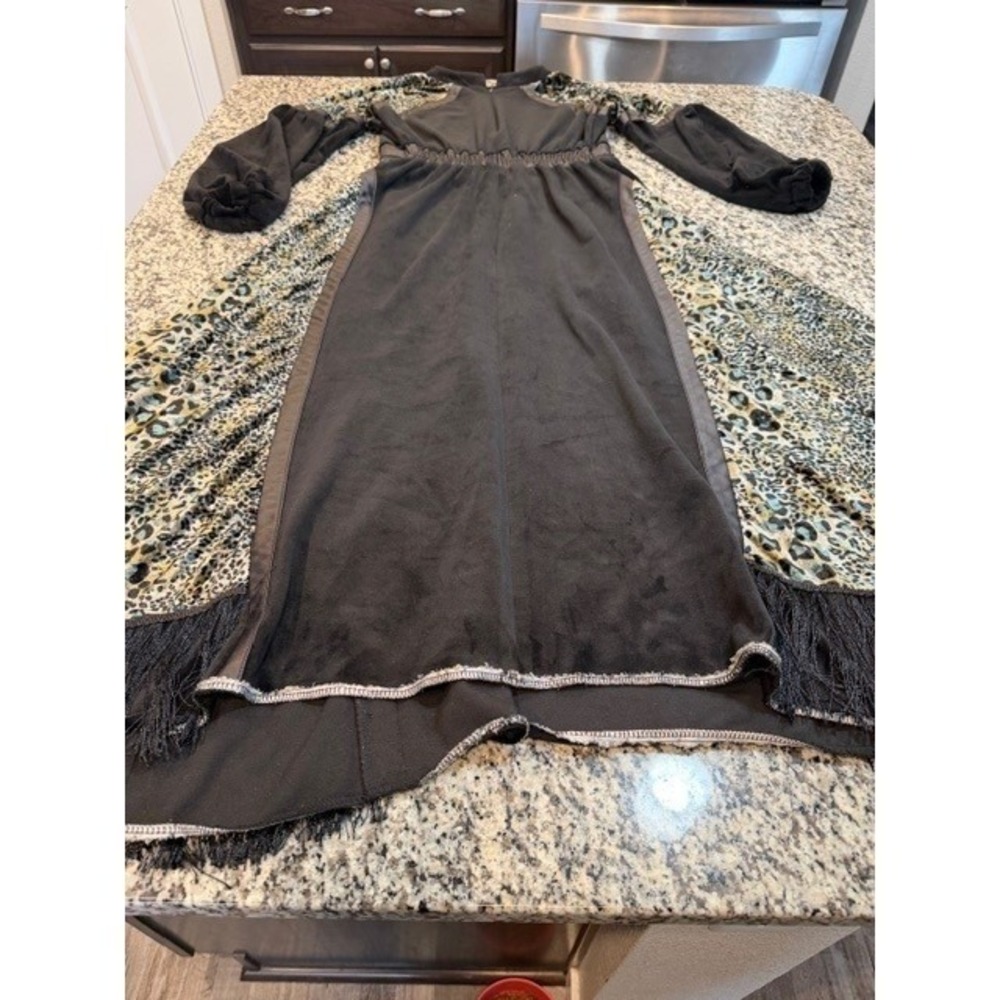Gothic Black Velvet Maxi Dress Leopard Panels Fringe Renaissance Boho Womens SM - Picture 7 of 13